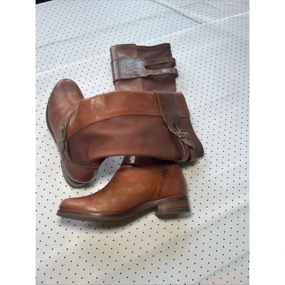 Cole Haan NikeAir Brown Leather Knee High Riding Boots Stretch Back Women's 7B